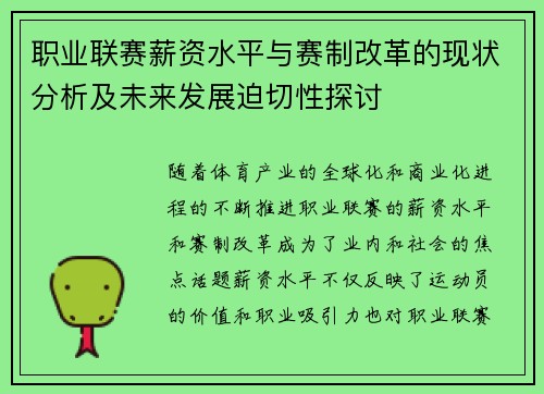 职业联赛薪资水平与赛制改革的现状分析及未来发展迫切性探讨