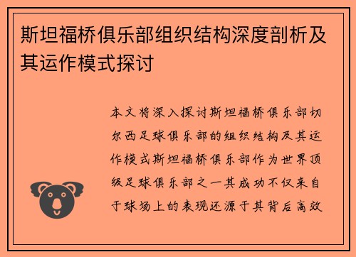 斯坦福桥俱乐部组织结构深度剖析及其运作模式探讨