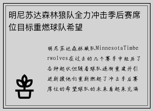 明尼苏达森林狼队全力冲击季后赛席位目标重燃球队希望