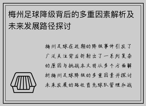 梅州足球降级背后的多重因素解析及未来发展路径探讨
